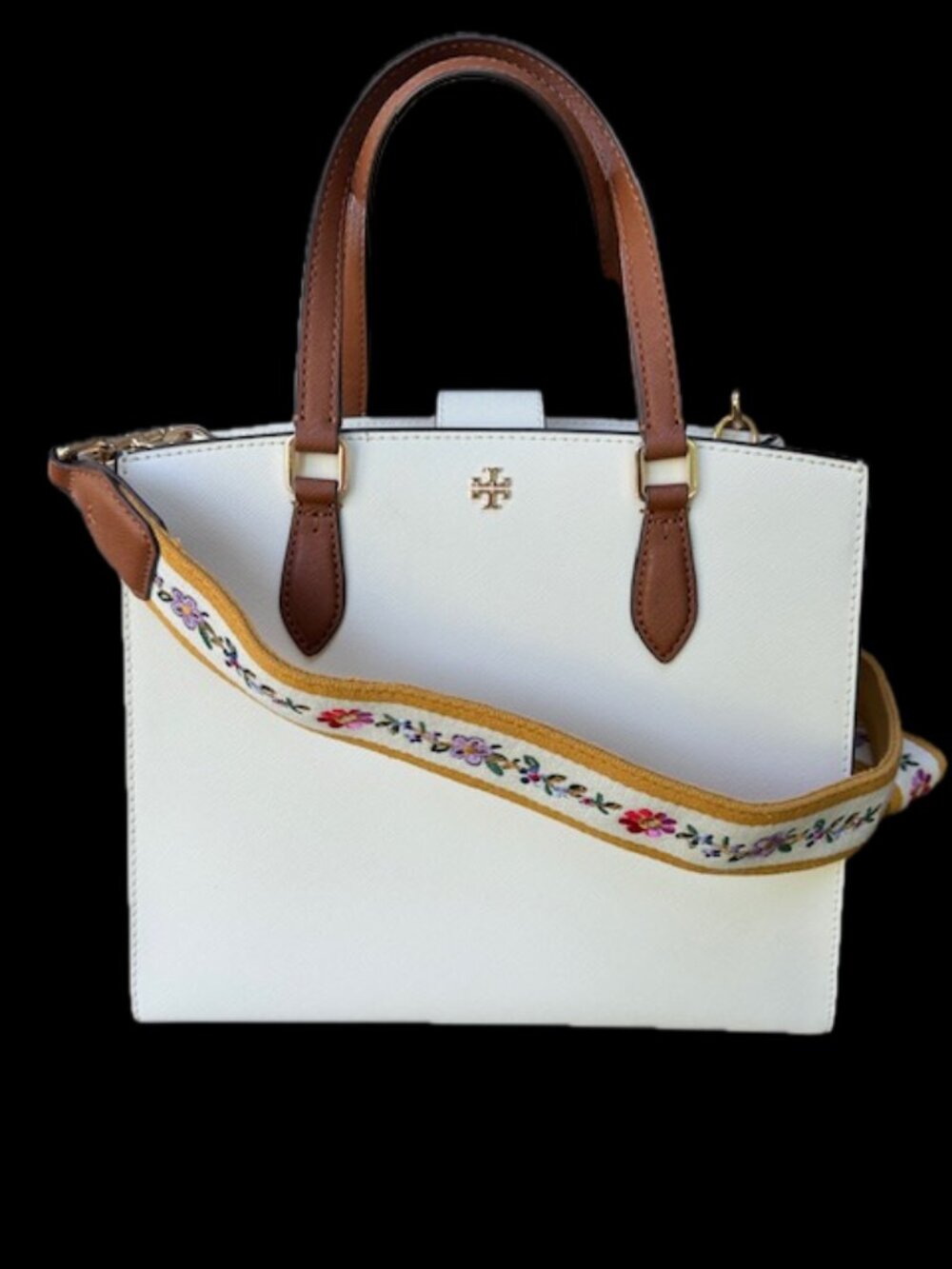 Tory Burch Cream Leather Satchel with Brown Handles and Yellow Floral Strap - Picture 2 of 14